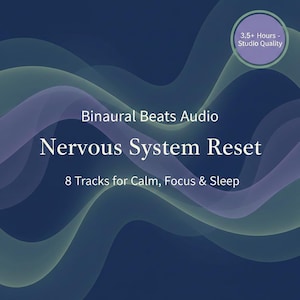May include: A digital graphic with a dark blue background and flowing green and purple wave patterns. Text reads "Binaural Beats Audio Nervous System Reset" with the tagline "8 Tracks for Calm, Focus & Sleep." A circular graphic indicates "3.5+ Hours - Studio Quality."