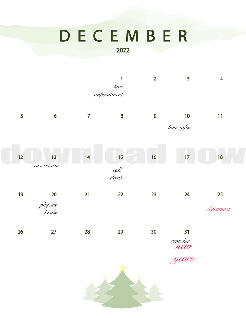 December Calendar, Simple December Calendar, Themed December Calendar, Christmas Calendar, New Years Calendar image 2