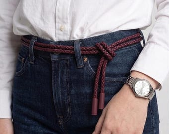Tie-up Burgundy Braided Rope belt in soft leather