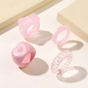 Acrylic Resin 4 Rings Set - Clear, Pink, and Opaque Heart Ring Set | Gift for Her | Daily Ring | Everyday Ring | Minimalist | Y2K