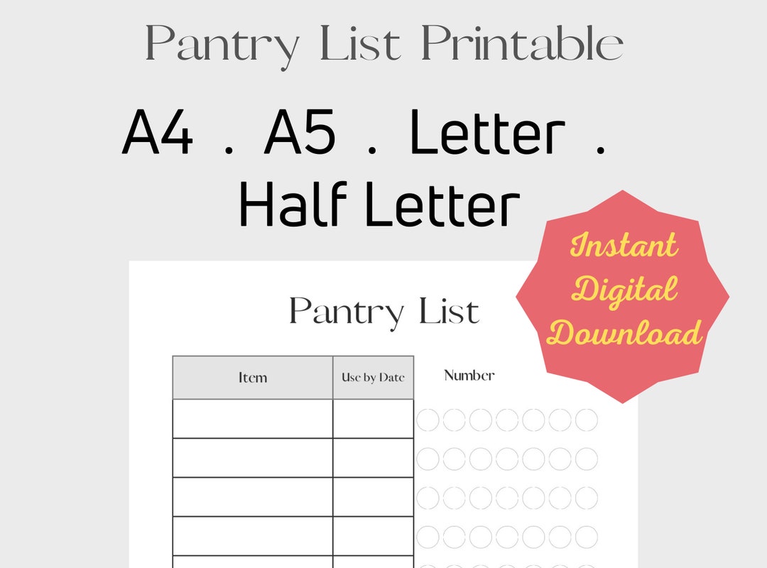 Pantry List Printable Template Kitchen Inventory Tracker A4 Etsy