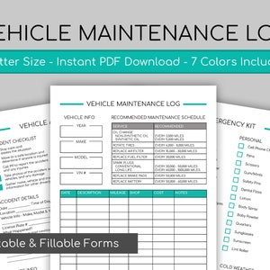Vehicle Maintenance Form | Printable & Fillable PDF |  Maintenance Log | Accident Log | Emergency Kit Checklist | Car Templates | Automobile
