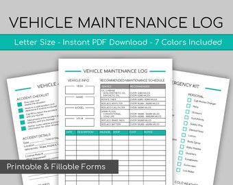May include: Printable vehicle maintenance log template with sections for vehicle information, recommended maintenance schedule, accident checklist, accident details, and emergency kit. The template is available in seven colors.