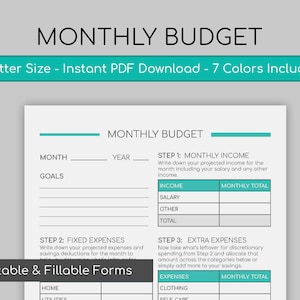 May include: A printable monthly budget planner with sections for income, fixed expenses, and extra expenses. The planner includes fields for month, year, and goals.