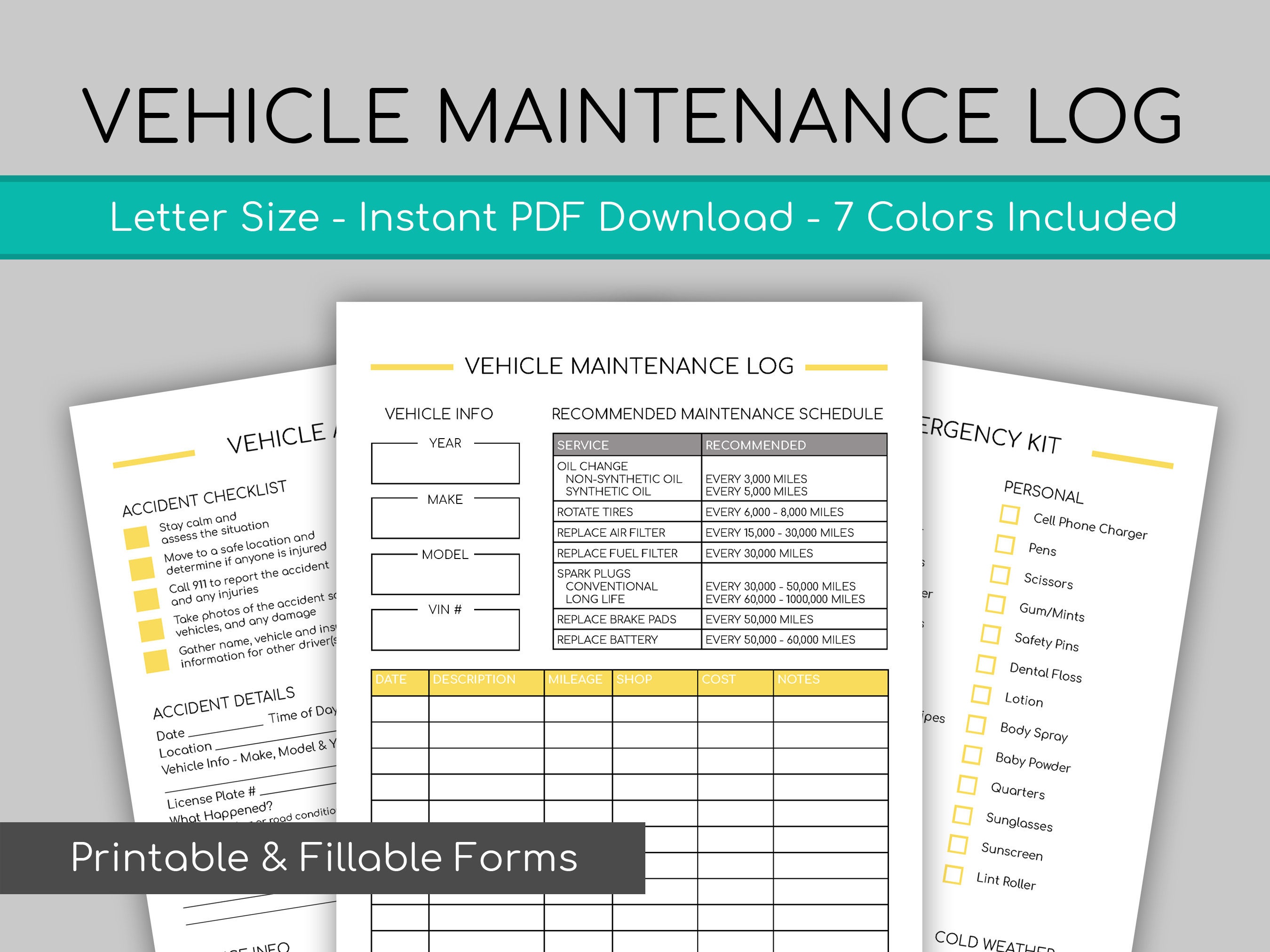 Vehicle Maintenance Form | Printable &amp; Fillable PDF | Maintenance Log ...