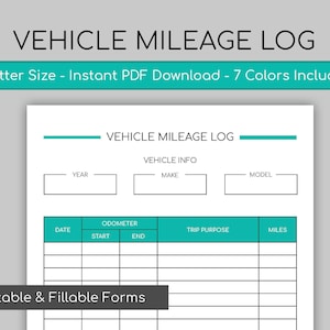 May include: A printable vehicle mileage log template with fields for date, odometer start and end readings, trip purpose, and miles driven. The template includes a section for vehicle information, including year, make, and model.