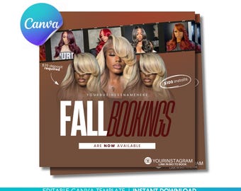 May include: A brown and white advertisement for hair salon services. The text reads "Fall Bookings Are Now Available". The ad features photos of women with long, blonde hair. The text also includes "$25 deposit required" and "$100 installs".