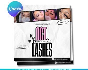 Peut inclure: Une conception graphique en noir et blanc pour les extensions de cils. Le texte indique "OCT. NOW BOOKING LASHES". Le graphique comprend trois photos de femmes avec des cils. Le texte comprend également "YOURBUSINESSNAME", "$55 FILLS", "UTILISER LE CODE : "FALLSZN" pour $$ de réduction", "@YOURINSTAGRAM" et "@YOURINSTAGRAM".