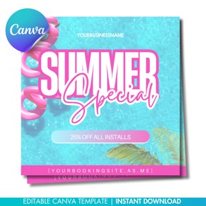 Op de afbeelding: Een roze en witte zomeruitverkoopgrafiek met de tekst "SUMMER Special" en "25% OFF ALL INSTALLS". De grafiek toont een zwembad met opblaasbare flamingo-ringen en palmbomen.