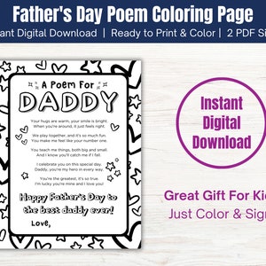 Poema del Día del Padre Imprimible / Página para colorear del Día del Padre / Regalo del Día del Padre DIY de niños / Descarga digital instantánea / Tamaños 8.5x11 y A4
