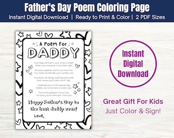 Father's Day Poem Printable | Father's Day Coloring Page | DIY Father's Day Gift From Kids | Instant Digital Download | 8.5x11 & A4 Sizes