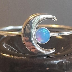 Cresent moon ring, sterling silver 925, E-coating, with Azure Opal (synthetic) crystal moon.