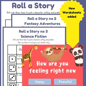 Op de afbeelding: Een printbaar spel voor kinderen om verhalen te maken. Het spel bevat een dobbelsteen, een personagekaart, een locatiekaart en een probleemkaart. Het spel is gebaseerd op sciencefiction. Het spel bevat ook een stemmingstabel met woorden als blij, verdrietig, boos, verward, bezorgd, vredig, van streek, ziek, slaperig en onzeker.