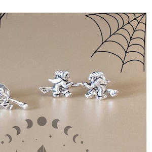 Tiny Sterling Silver Witch Stud Earrings Spooky Halloween Studs Flying Witch Earrings Wicked Witch on Broomstick Gothic Jewellery Gothic