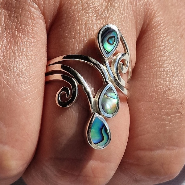 Sterling Silver Abalone Ring Unique Statement Ring Gemstone Gift For Her Mother's Day Gift Birthday Gift Handmade Boho Bridesmaid Date Night