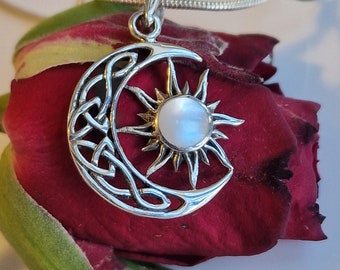 Sterling Silver Celtic Moon & Sun Necklace: Mother of Pearl Celestial Pendant
