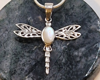 Sterling Silver Dragonfly Pendant: Mother of Pearl Handmade Necklace