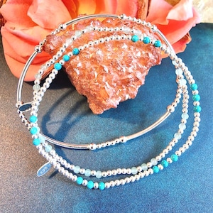 Sterling Silver Jade & Turquoise Stretch Bracelet Set - Minimalist Stacking Jewelry