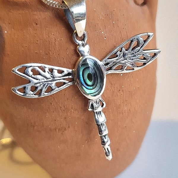 Dragonfly Necklace Abalone Shell Necklace Sterling Silver Handmade Birthday Gift For Her Large Dragonfly Pendant And Chain Dainty Xmas Gift