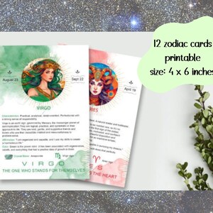 12 Cartões do Zodíaco Flashcards inspiradores Download instantâneo Scrapbooking PDF para impressão Afirmação Cores brilhantes Cheias de informações sobre cada signo