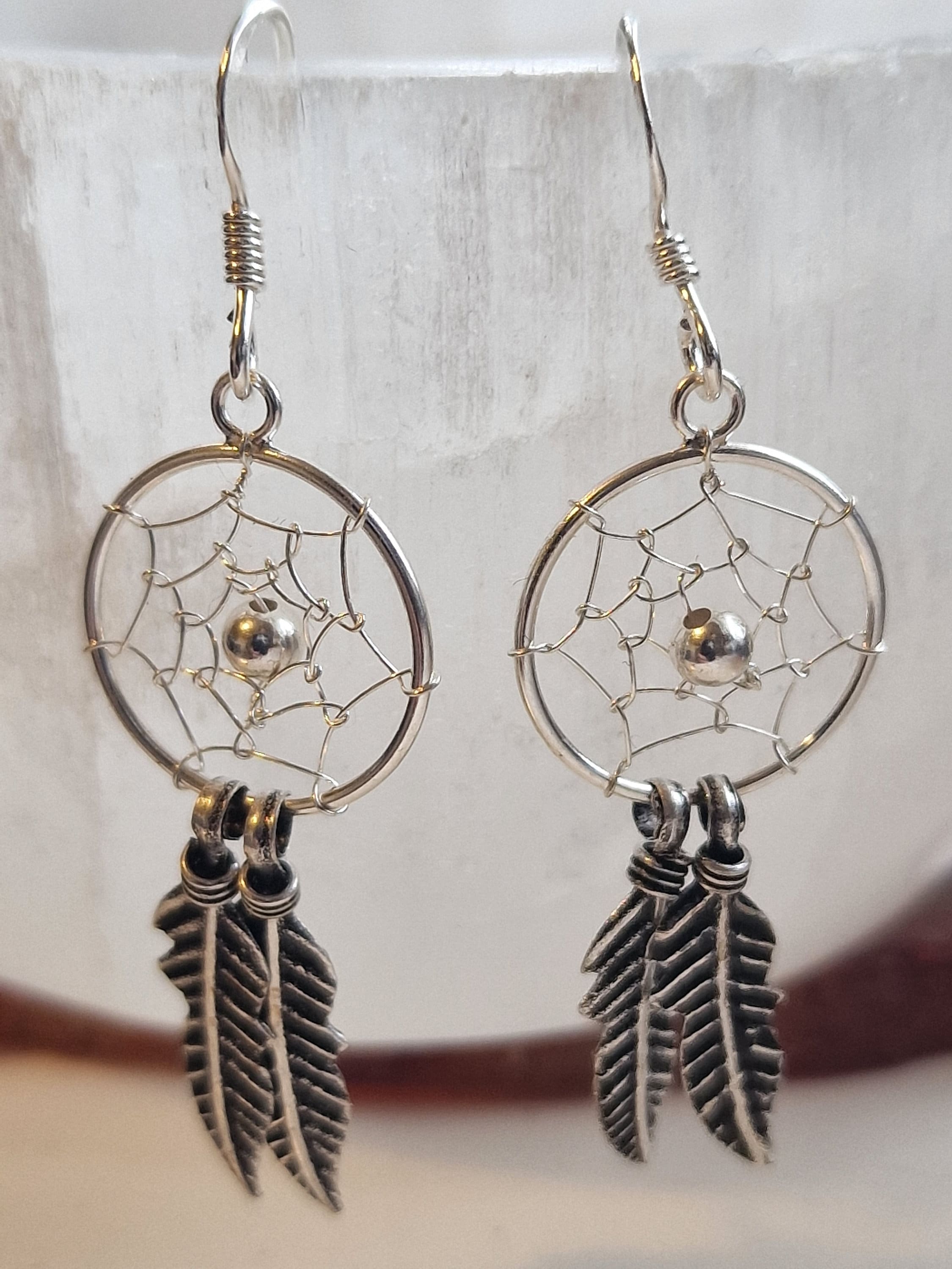 Pendientes De Plata De Ley 925 ANDANTE - Diseño Atrapasueños Con Plumas, Estilo Boho Chic, Chapado Oro 14K