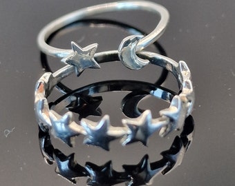 Sterling Silver Star Rings, Rising Star Ring, Crescent Moon & Star Ring Adjustable, Gift for Her, Silver Star Stacking Rings, Men's Ring.