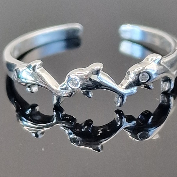 Bague dauphin en argent, 3 adorables dauphins alignés, réglable en argent sterling 925, cadeau idéal pour elle ou lui.