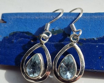 Blue Topaz Teardrop Earrings Blue Crystal Earrings December Birthstone Gemstone Earrings Gift For Her Silver Earrings Mother's Day Gift.