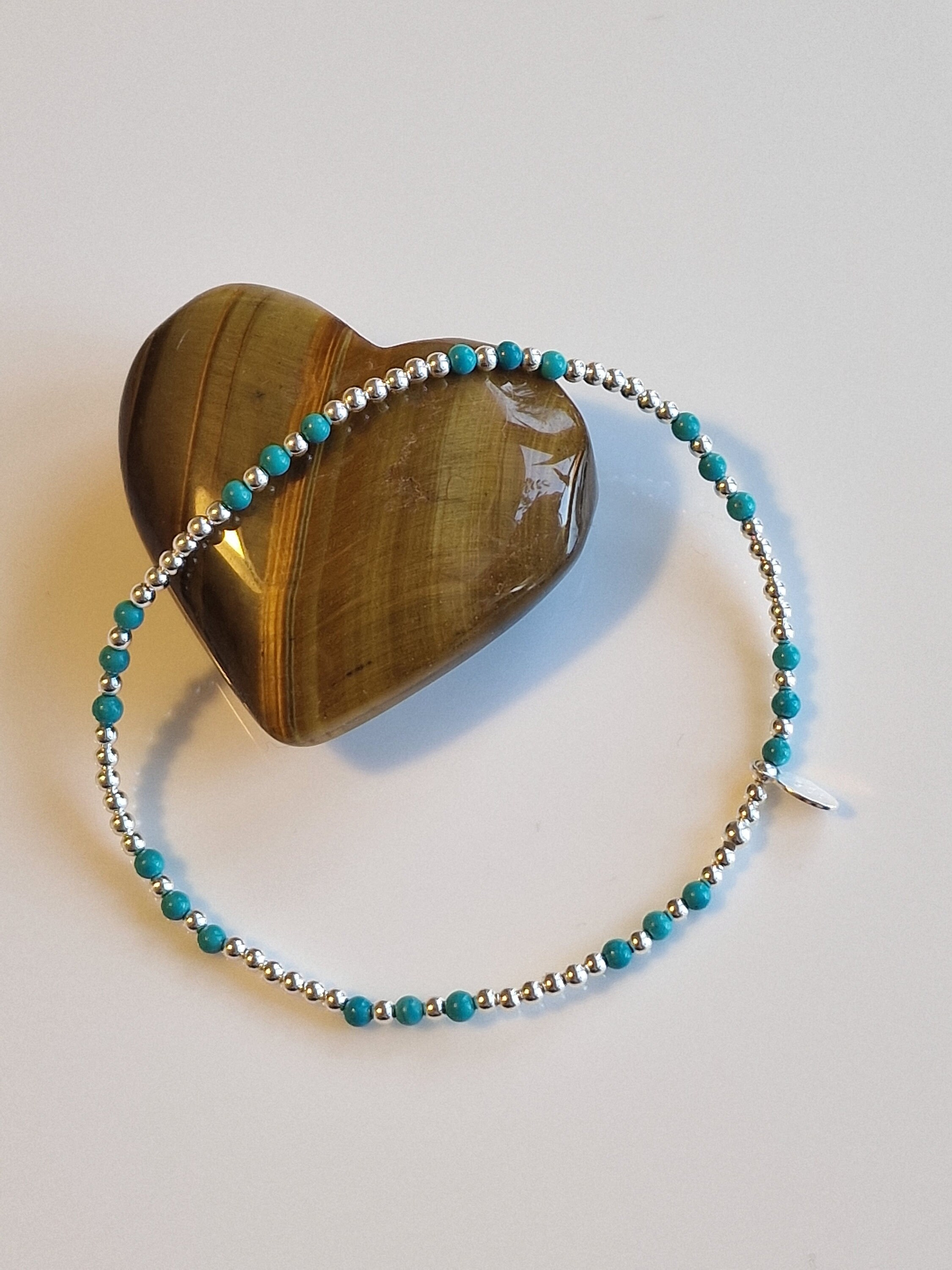 925 Sterling Silver Stacking Bracelet – Blue Turquoise Beaded Stretch, 7-7.5"