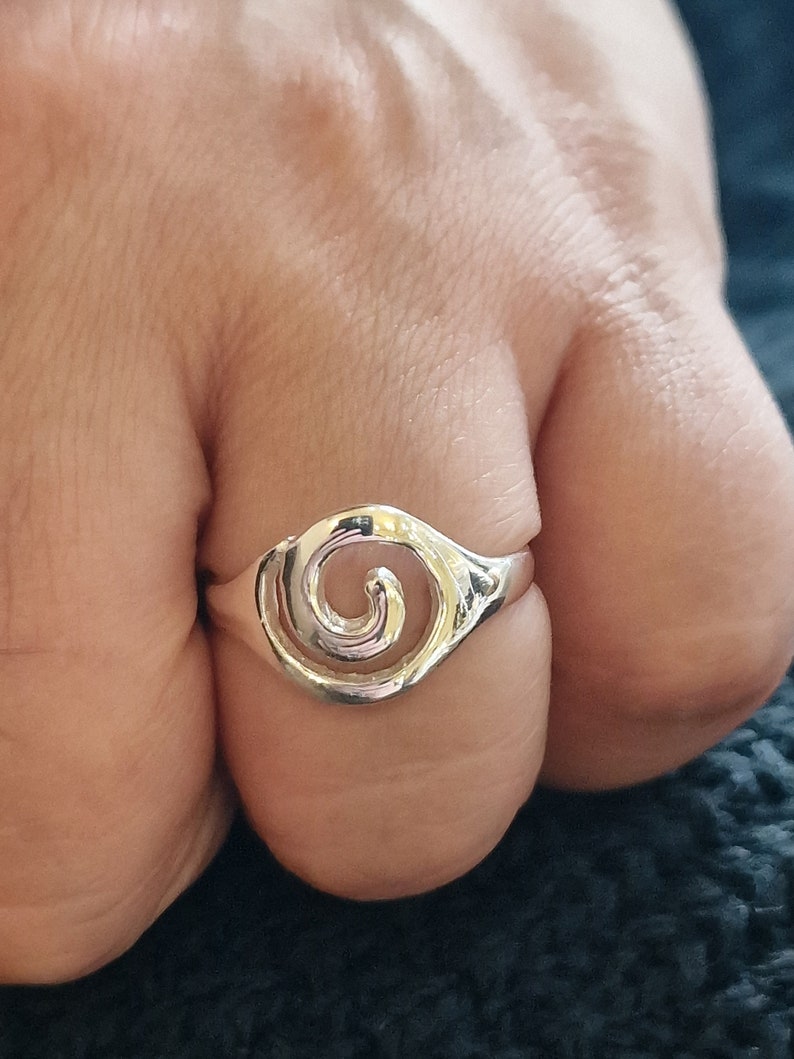 May include: A silver ring with a swirl design. The ring is on a person's finger.