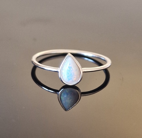 White Opal Teardrop Ring (synthetic) Sterling Silver Delicate and - Main Image