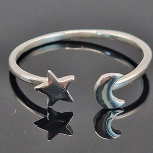Sterling Silver Star Rings, Rising Star Ring, Crescent Moon & Star Ring Adjustable, Gift for Her, Silver Star Stacking Rings, Men's Ring. star & crescent moon