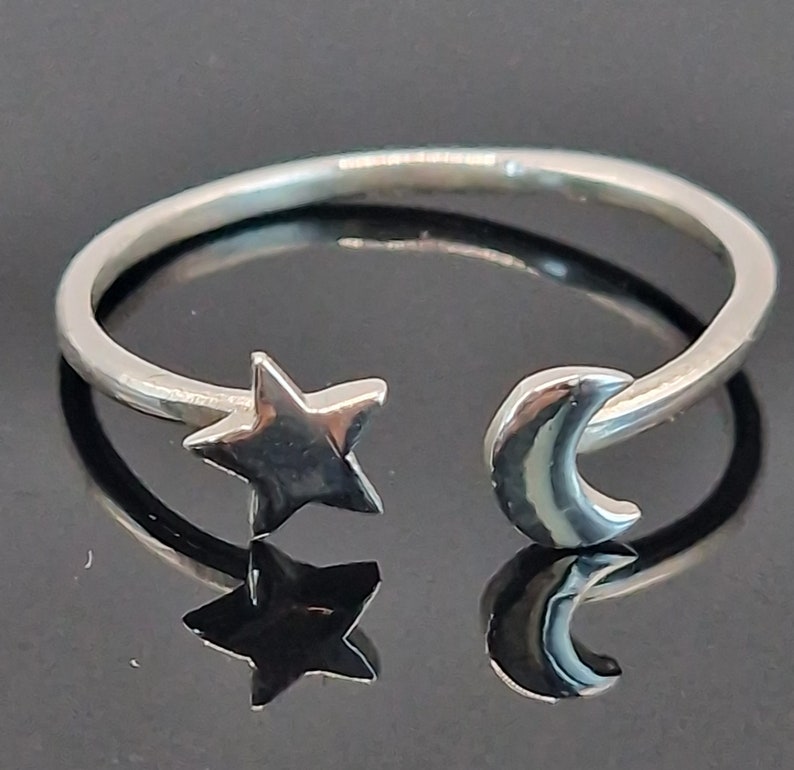 Sterling Silver Star Rings, Rising Star Ring, Crescent Moon & Star Ring Adjustable, Gift for Her, Silver Star Stacking Rings, Men's Ring. star & crescent moon