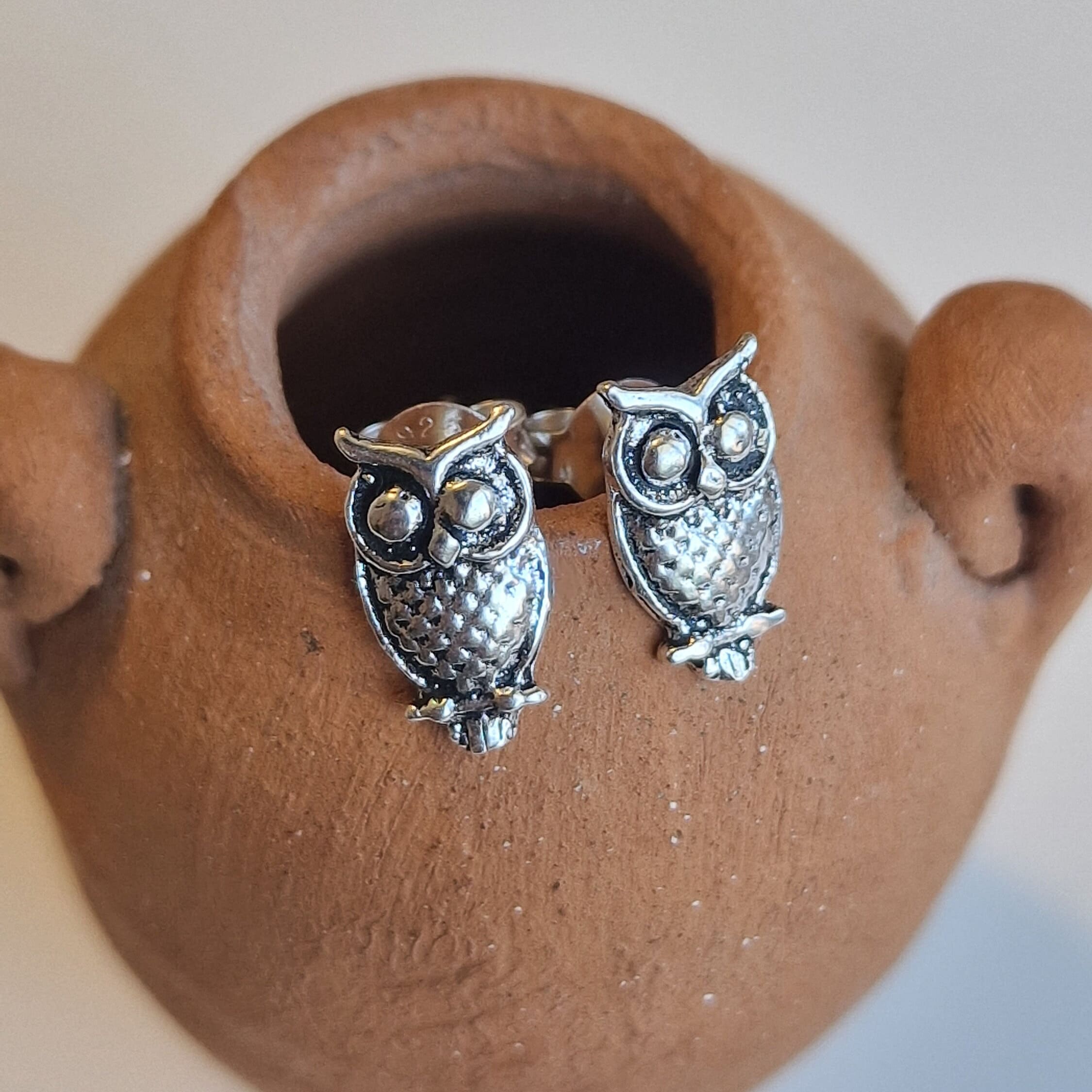 Sterling Silver Owl Studs: Handmade Animal Lover Earrings