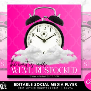 We've Restocked flyer, Restock flyer, hair flyer flyer, new arrivals flyer, alarm clock flyer, premade canva template, new in stock flyer