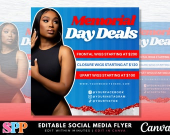 Memorial Day Flyer, Wig Sale Flyer, Hair Sale Flyer, Beauty Flyer, Editable Canva Template