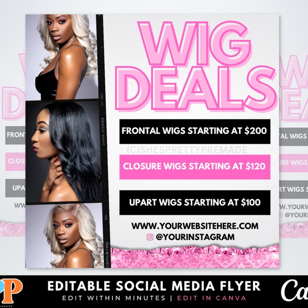 Wig Sale Flyer, Hair Sale Flyer, Wig Deals Flyer, Hair Instagram Content, Custom Wig Flyer, Canva Templates
