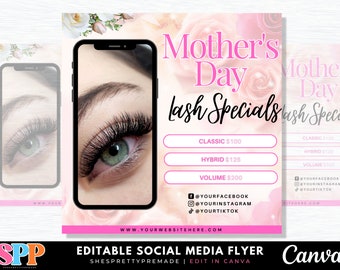 Mothers Day Flyer, Mothers Day Lash Specials Flyer Template, Lash Tech Flyer, Lash Flyer, Pink Flyer, Canva Template, DIY Editable Flyer