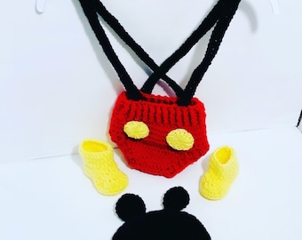 Conjunto de Mickey Mouse para bebé hecho a mano a crochet: accesorio fotográfico para recién nacidos