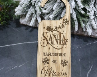 Christmas decoration/ Santa Please stop here door hanger/ Custom gift/ Children personalized present