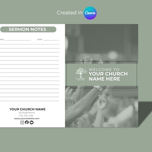 May include: A sermon notes template with a green and white design. The left side features a lined page with the text "SERMON NOTES" at the top. The right side has the text "WELCOME TO YOUR CHURCH NAME HERE".
