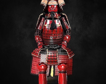 以下が含まれることがあります： 鮮やかな赤と黒の日本の侍の完全な鎧。 鎧は、三日月模様のヘルメット、赤いフェイスマスク、複雑な漆塗りのプレートが特徴です。 全体的なデザインは、伝統的な日本の職人技の印象的な表現です。