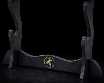Espositore per katana in legno a due livelli con simbolo samurai - Finitura nera