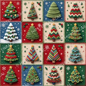 May include: A grid of sixteen square patches featuring various knitted Christmas tree designs in red, green, blue, and cream colors. Each square displays a unique textured tree with decorative elements like stars, ornaments, and snowflakes.