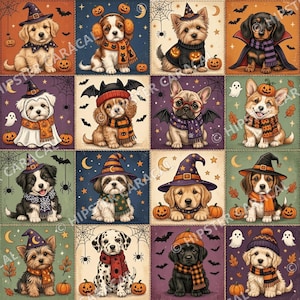 May include: A grid of sixteen illustrations featuring various puppies dressed in Halloween costumes, including witch hats, scarves, and capes, surrounded by pumpkins, spiderwebs, bats, and ghosts on colorful backgrounds.