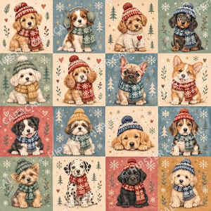 May include: A grid of sixteen illustrations featuring various puppies wearing winter accessories like knit hats and scarves. Each puppy is depicted against a festive background with snowflakes, pine trees, and hearts in red, blue, and cream colors.