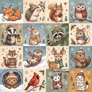 May include: A grid of sixteen illustrations featuring woodland animals in winter attire, including a fox, hedgehog, squirrel, owl, badger with a lantern, rabbit, raccoon, mouse, chipmunk, otter, deer, beaver, bear, cardinal, opossum, and weasel.