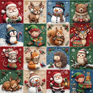 May include: A grid of sixteen square panels featuring knitted textures and holiday characters including Santa Claus, a snowman, a reindeer, a penguin, an elf, a squirrel, a mouse, a fox, a hedgehog, an owl, and a bear with festive details.