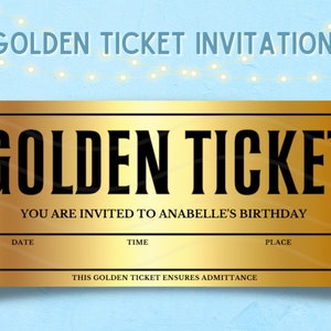 Golden Ticket Einladung zum Ausdrucken, Golden Ticket mit Nachricht, Party-Einladung, spezielles Event-Einladung