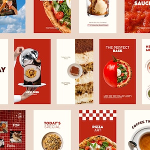 Pode incluir: Uma colagem de doze gráficos promocionais para a Trattoria Uno apresentando vários alimentos, incluindo pizza, massa, tiramisu e café. As imagens utilizam uma paleta de cores consistente de vermelho, branco e castanho, com sobreposições de texto como 'It's Monday', 'The Perfect Base', 'New Menu' e 'Coffee Time' numa fonte sem serifa limpa.